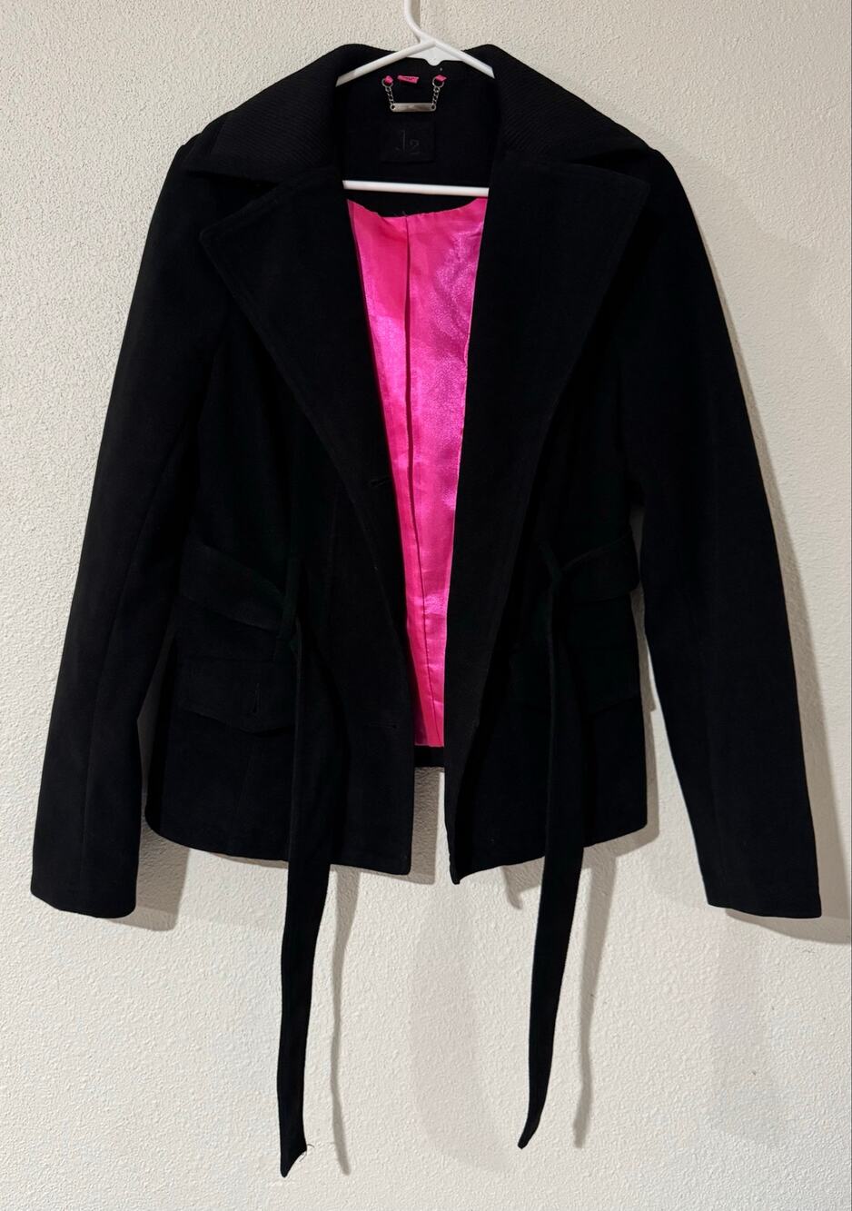 Jou Jou Cyber Y2K Preppy Chic Belted Peacoat Jacket Pink Lining L Gothcore Fall